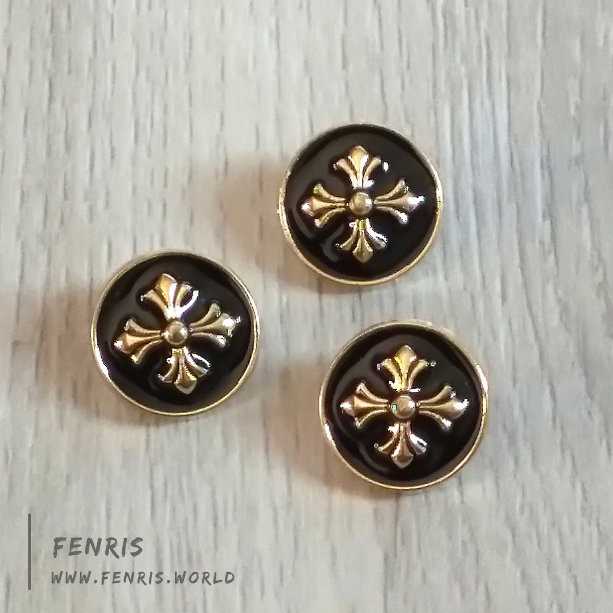 Set of 12 Gold and Black Enamel Buttons, 24 Line