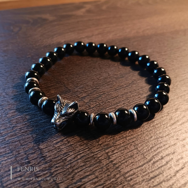 Black obsidian silver wolf bracelet mens stretch